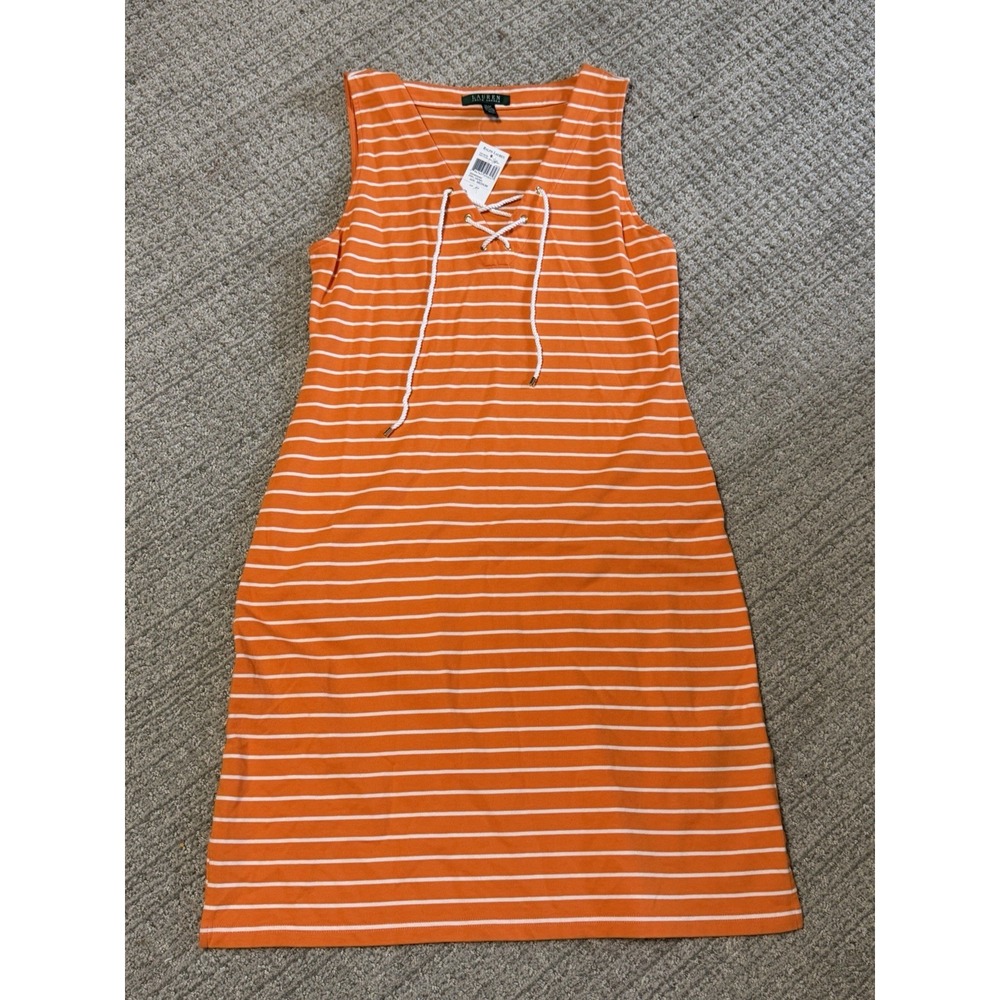 Lauren Ralph Lauren sleeveless Women's dress orange striped Size M 100% Cotton